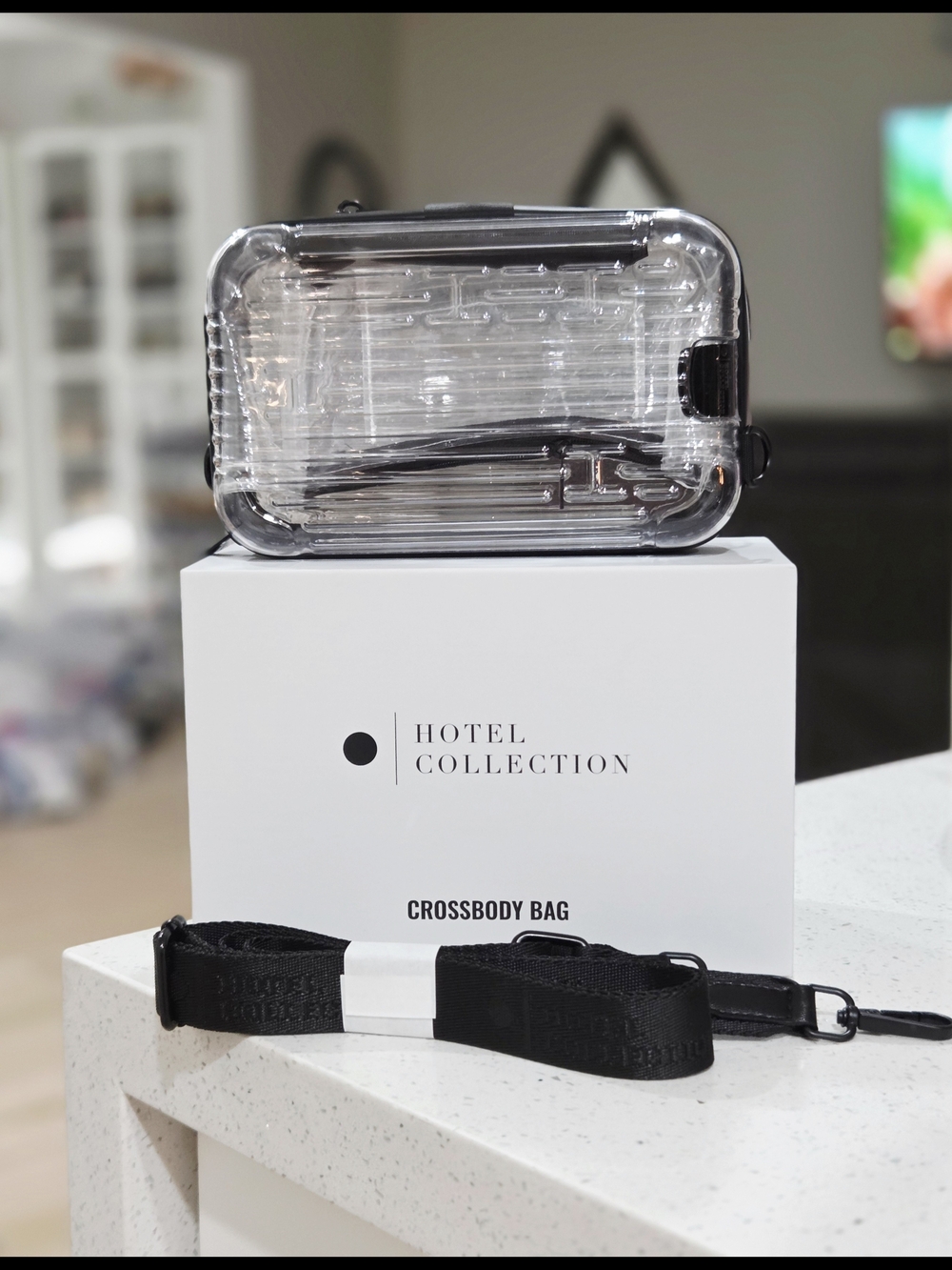 Hotel Collection Clear Crossbody Bag with Black Strap